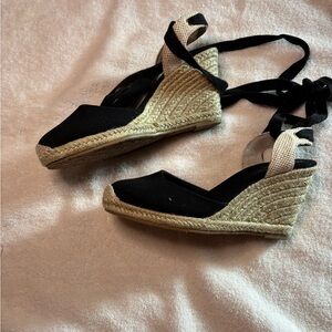 Black Espadrille Lace up Wedges